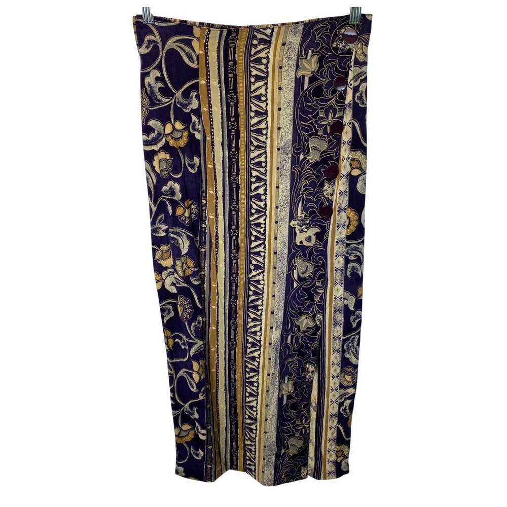Vintage Floral Striped Midi‎ Skirt Medium Button Slit Boho Retro Artsy Festival